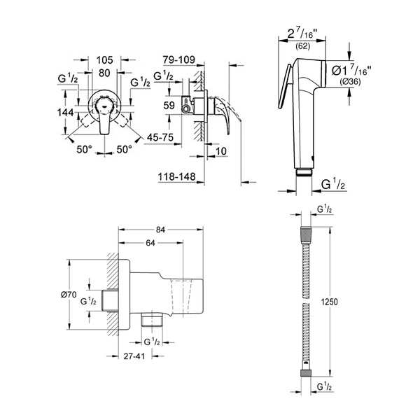 Готовый комплект для гигиенического душа GROHE BauCurve 129185 хром