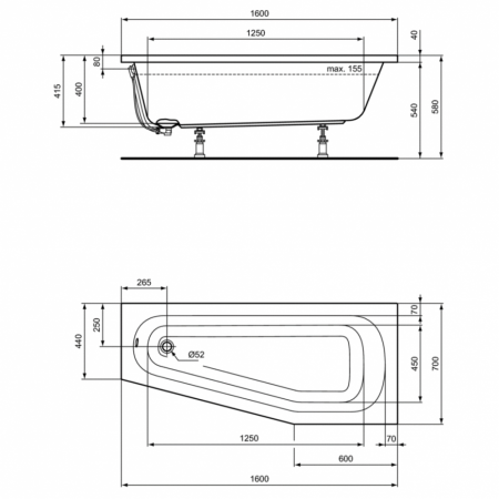 Ванна акриловая (160х70) см Ideal Standard HOTLINE K276101