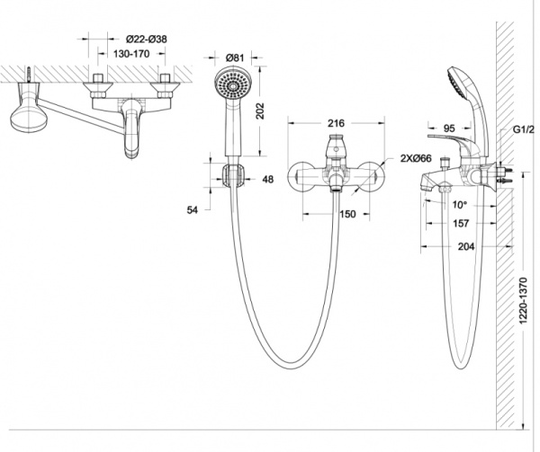 Смеситель для ванны с коротким изливом  Bravat Fit, черный F6135188BM-B-RUS