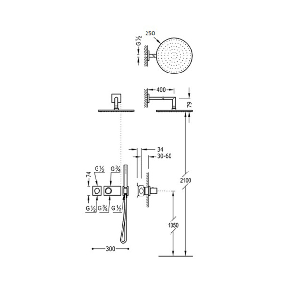 Душевая система с термостатом Tres Block System 20735213