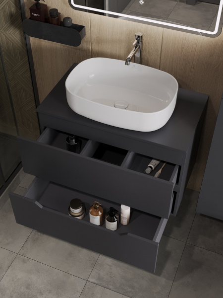 Тумба с раковиной подвесная 80 см, Orange Line Li-80TugMDF+B07-540W графит/белый