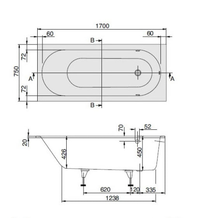 Ванна квариловая Villeroy&Boch Oberon 170x75 см белая (UBQ170OBE2V-01)
