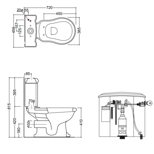 Механизм слива с боковой ручкой цвета золото для бачка моноблока Kerasan Retro 756991