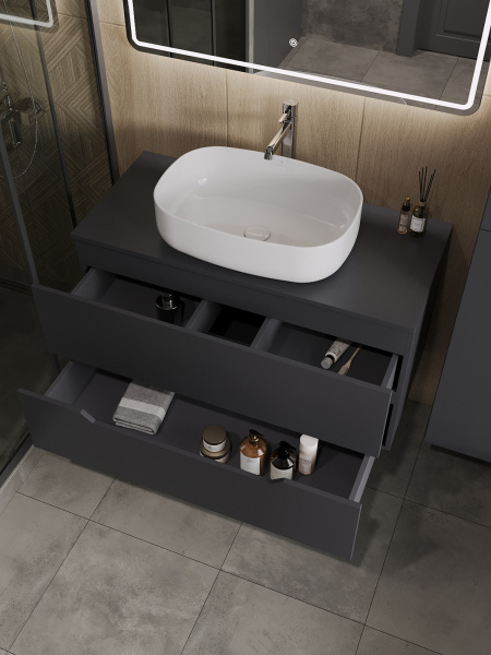 Тумба с раковиной подвесная 100 см, Orange Line Li-100TugMDF+B07-540W графит/белый