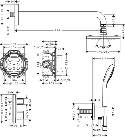 Душевой комплект с термостатом Hansgrohe Croma E 280 1jet Ecostat E 27953000 хром