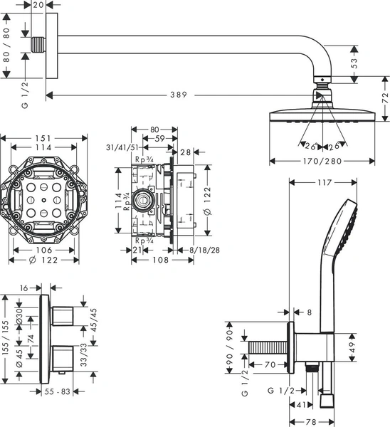 Душевой комплект с термостатом Hansgrohe Croma E 280 1jet Ecostat E 27953000 хром
