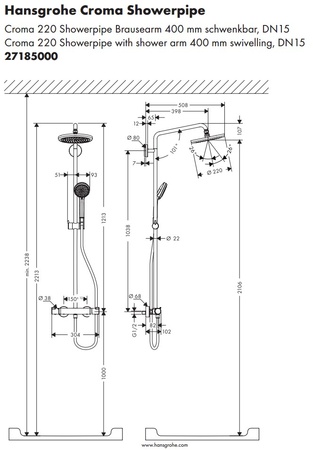 Душевая система с термостатом Hansgrohe Croma 220 Showerpipe 27185000 хром