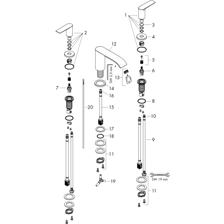 Смеситель для раковины на 3 отверстия с донным клапаном Hansgrohe Vivenis 75033670 черный матовый