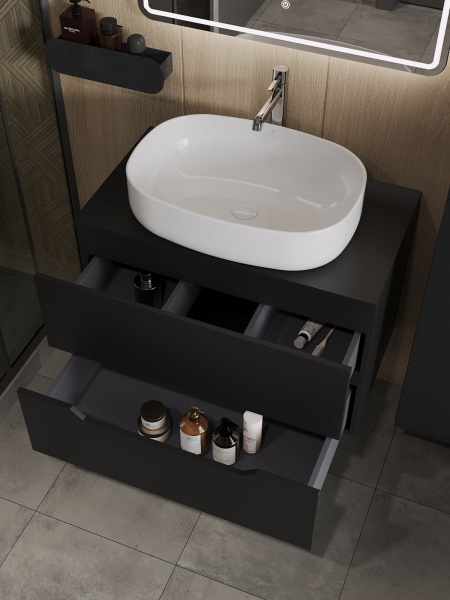 Тумба с раковиной подвесная 80 см, Orange Line Li-80TubMDF+B08-600W черный/белый