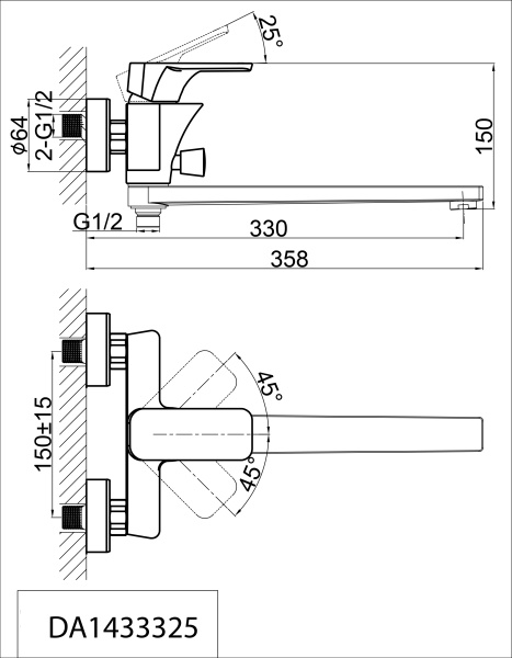 Смеситель для ванны с душем D&K Berlin.Technische длинный излив черный (DA1433325)