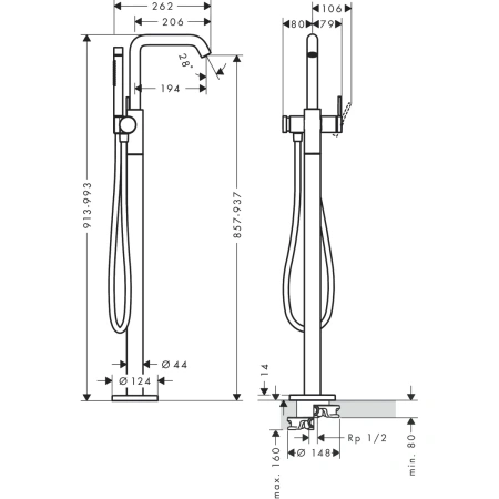 Смеситель для ванны напольный Hansgrohe Tecturis S 73440670 черный матовый