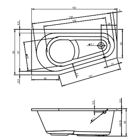 Акриловая ванна RIHO Delta (150x80) правая B066001005 без гидромассажа
