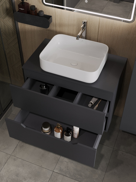 Тумба с раковиной подвесная 80 см, Orange Line Li-80TugMDF+B05-500W графит/белый