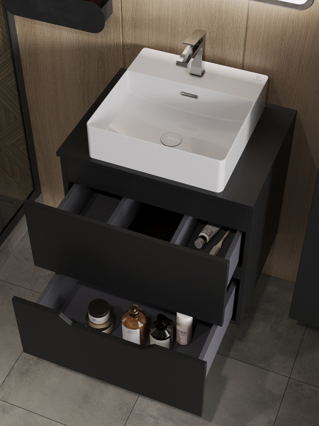 Тумба с раковиной подвесная 60 см, Orange Line Li-60TubMDF+B04-405W черный/белый