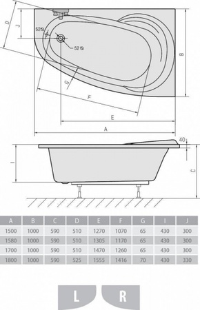 Акриловая ванна ALPEN Naos 158 L 11011