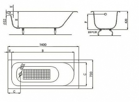 Чугунная ванна (160x70) без ручек Byon V0000219