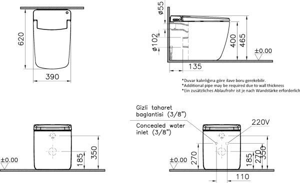Унитаз приставной безободковый с функцией биде Vitra Metropole V-Care Prime 7232B403-6217