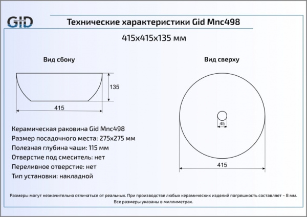 Раковина накладная (41,5х41,5) Gid Mnc498