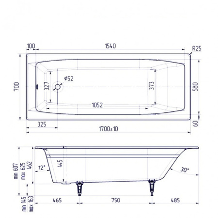Ванна чугунная (170х70) Delice Repos DLR220508RB с отверстиями под ручки