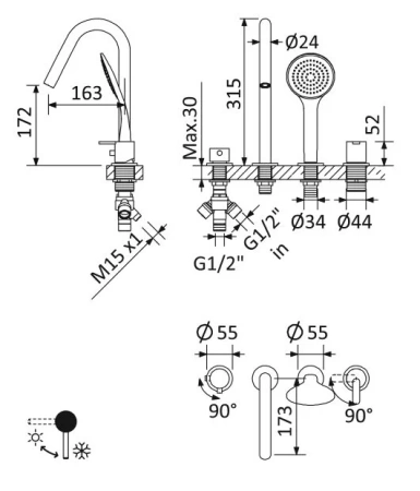 Смеситель на борт ванны Cezares Leaf LEAF-BVDM4-L-01