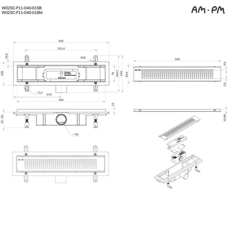 Душевой лоток 40 см Am.Pm PrimeFlow W02SC-P11-040-01BM черный матовый
