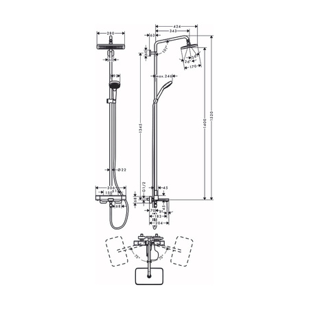 Душевая система с термостатом для ванны Hansgrohe Croma E Showerpipe 280 1jet 27687000 хром