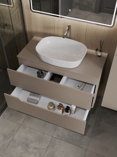 Тумба с раковиной подвесная 100 см, Orange Line Li-100TuLMDF+B08-500W латте/белый