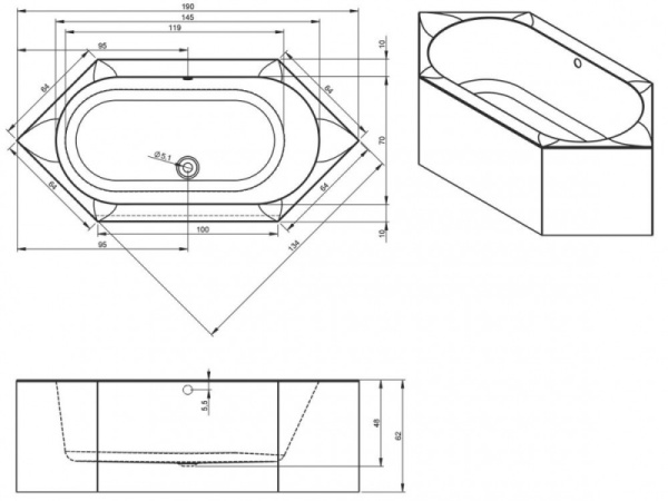 Ванна акриловая Riho Kansas Plug & Play (190х90) B035008005