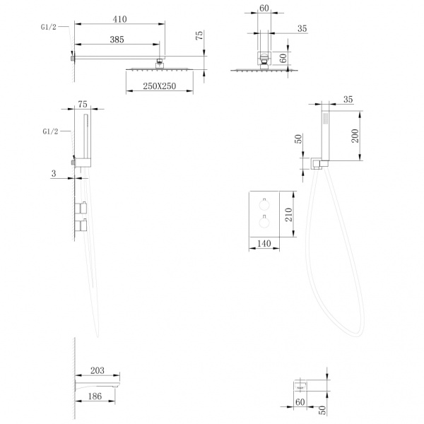 Душевой комплект ABBER Weiss Insel AF8050B скрытого монтажа с изливом, термостат, черная матовая