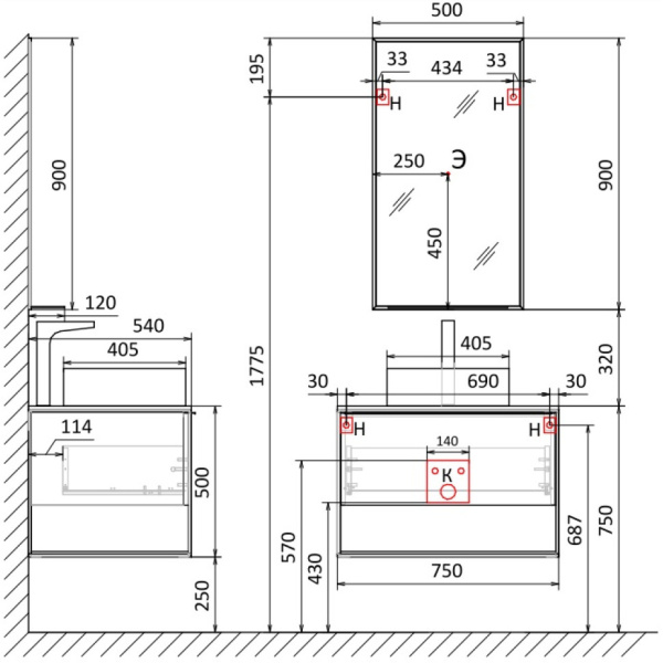 Тумба под раковину Jorno Steal 75  Ste.01.75/P/Da