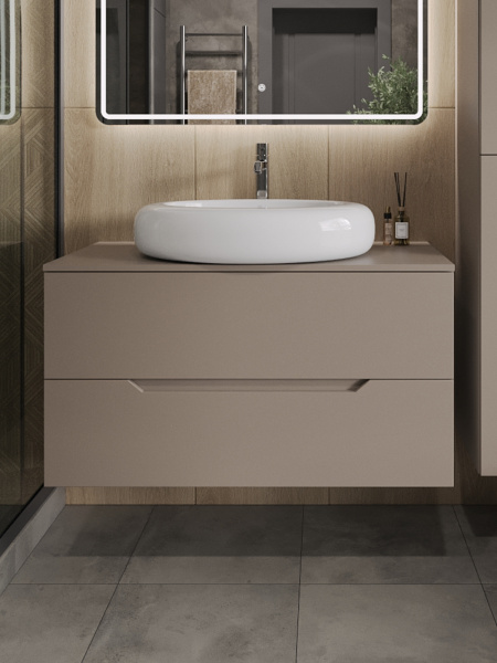 Тумба с раковиной подвесная 100 см, Orange Line Li-100TuLMDF+B08-640W латте/белый