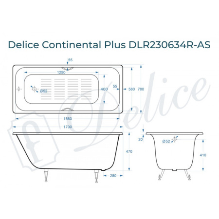 Ванна чугунная (170х70) Delice Continental PLUS DLR230634R-AS с отверстиями под ручки