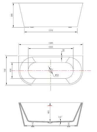 Ванна акриловая пристенная (150х75) Vincea VBT-421-1500 белый глянец