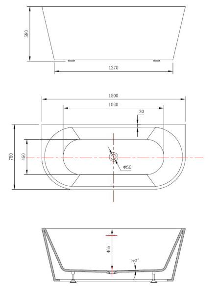 Ванна акриловая пристенная (150х75) Vincea VBT-421-1500 белый глянец