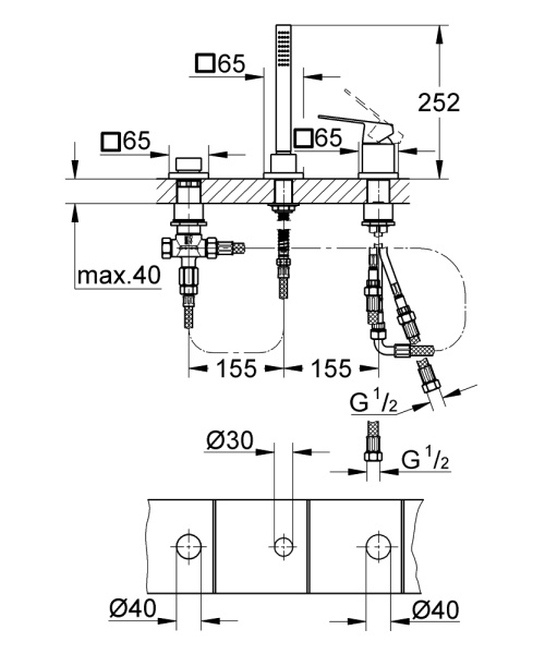 Смеситель для ванны на 3 отверстия GROHE Eurocube 19966 000 (19966000) хром