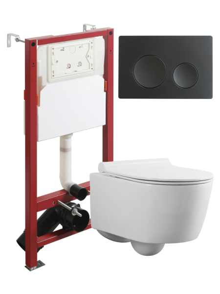 Комплект унитаза с инсталляцией безободковый Agger ATI05100+APB144 кнопка смыва черный