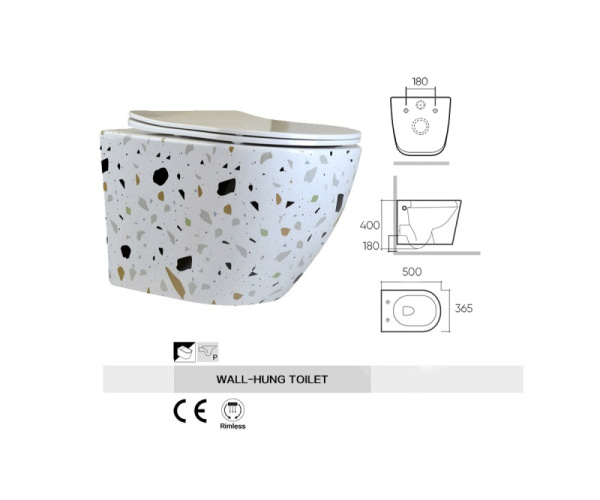 Унитаз подвесной безободковый Bronze de Luxe Terrazzo, крышка белая (2092-W)