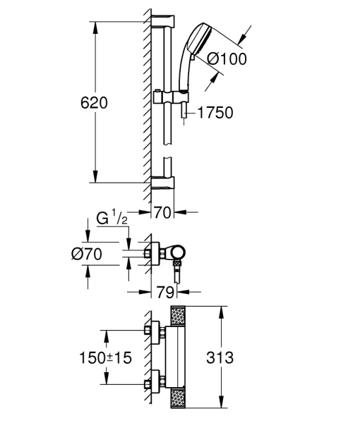 Термостат для душа с душевым гарнитуром Grohe Grohtherm 1000 Performance  34783 000 (34783000) хром