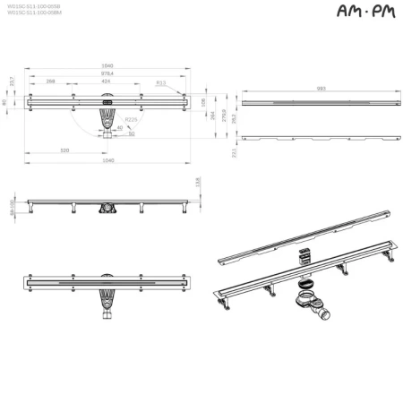 Душевой лоток с щелевой вставкой 100 см Am.Pm MasterFlow W01SC-S11-100-05SB хром матовый