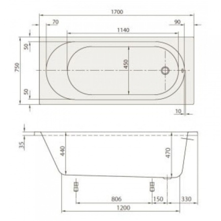 Акриловая ванна с ножками Villeroy&Boch O.novo 170x75 UBA170CAS2V-01+U99740000