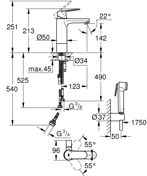 Смеситель для раковины с гигиеническим душем GROHE Eurosmart Cosmopolitan 24191 000 (24191000) хром