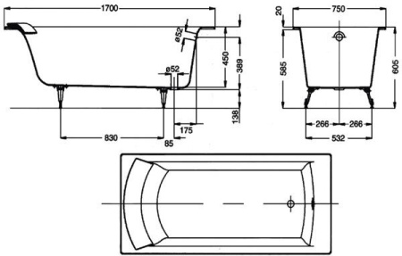 Чугунная ванна (170x75) Jacob Delafon Biove E2938-00
