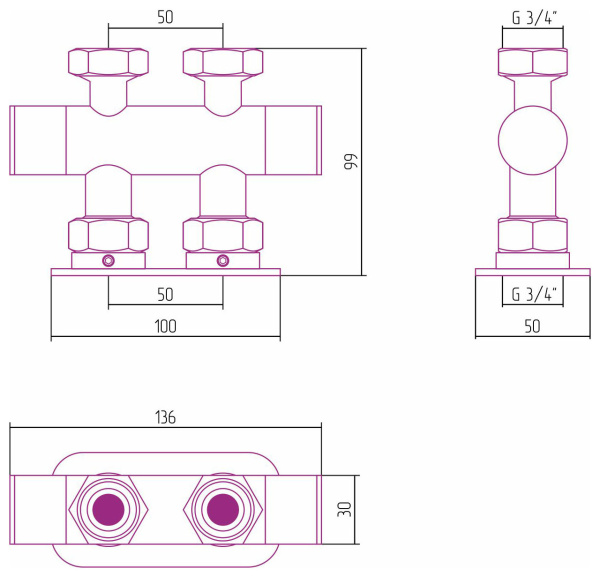Вентиль 2х3/4" прямой скрытый-скрытый EU50 Темный Титан Муар 15-1419-3434