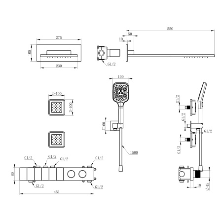 Душевая система с термостатом встраиваемая WONZON & WOGHAND, хром WW-D4538-A-CR