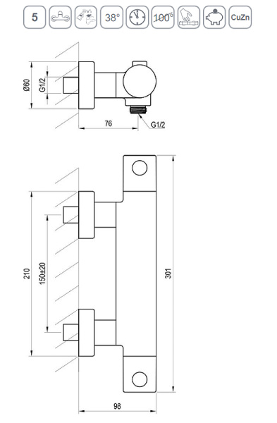 Смеситель термостатический для душа Ravak Puri PU 033.20/150