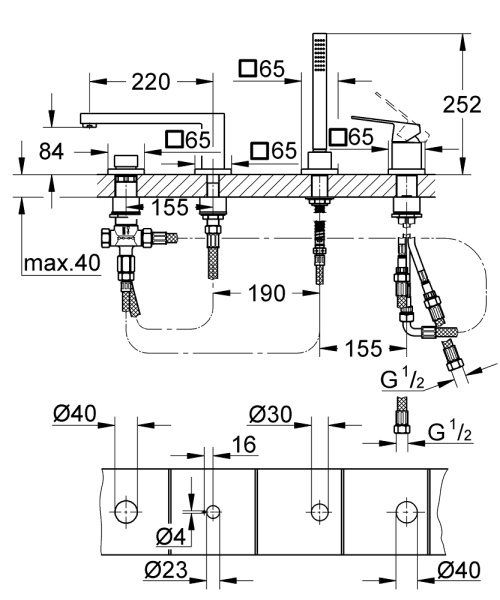 Смеситель однорычажный для ванны на 4 отверстия, Grohe Eurocube 19897 001 (19897001) хром Смеситель однорычажный для ванны на 4 отверстия, Grohe Eurocube 19897 001 (19897001) хром