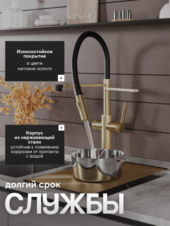 Смеситель для кухни однорычажный с каналом для питьевой воды и гибким изливом Agger Elegant A3252599 золото матовое