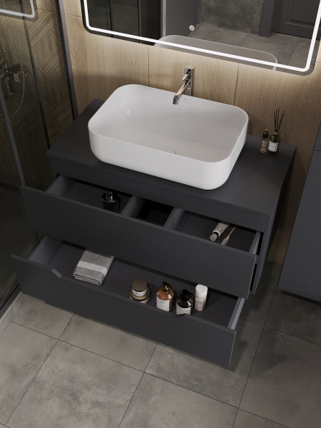 Тумба с раковиной подвесная 100 см, Orange Line Li-100TugMDF+B03-600W графит/белый