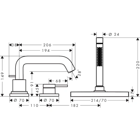 Смеситель на борт ванны 3 отвесртия Hansgrohe Tecturis S 73447140 шлифованная бронза