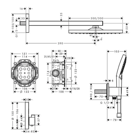 Душевой комплект с термостатом Hansgrohe Raindance E 300 1jet ShowerSelect Square 27952000 хром